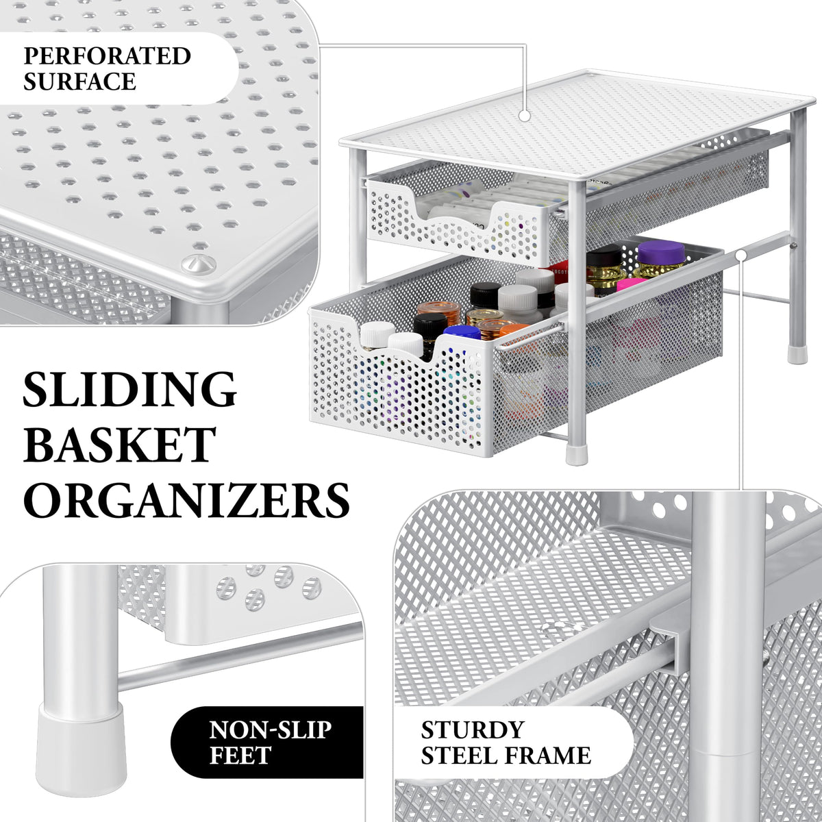 Simple Houseware Stackable 2 Tier Sliding Basket Organizer Drawer, White