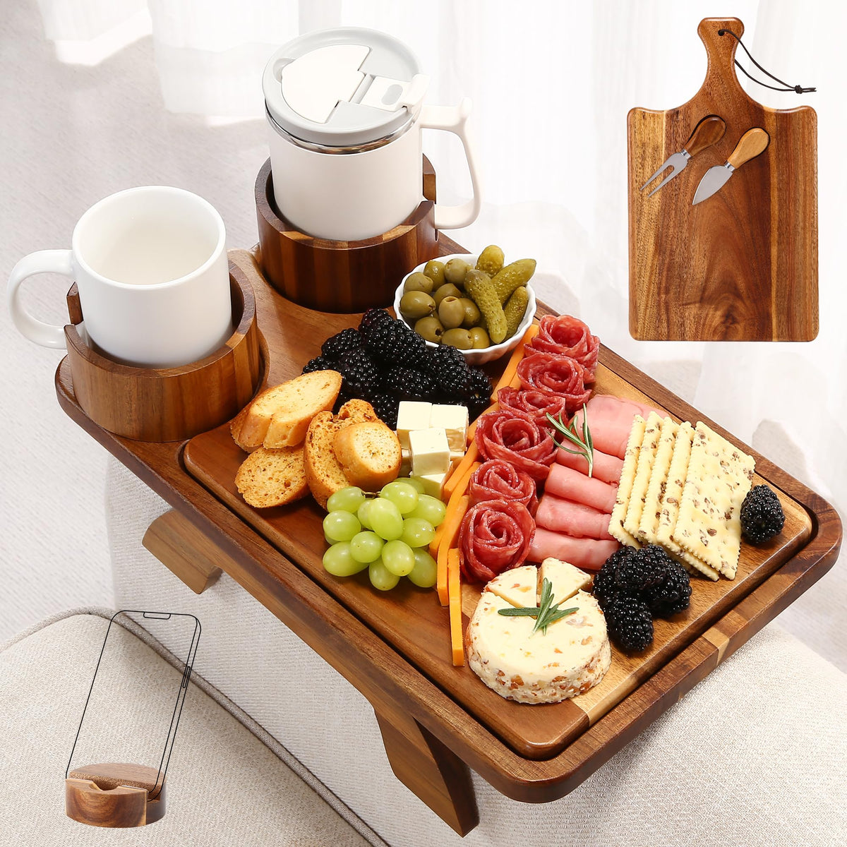 Acacia Couch Arm Table with Charcuterie Board,15.7" x 9.8"
