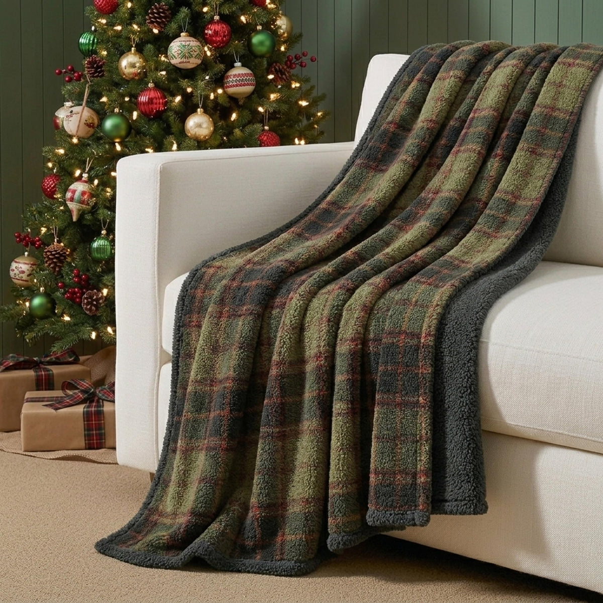 Nordic Plaid Green Sherpa Throw Blanket for Bed and Couch
