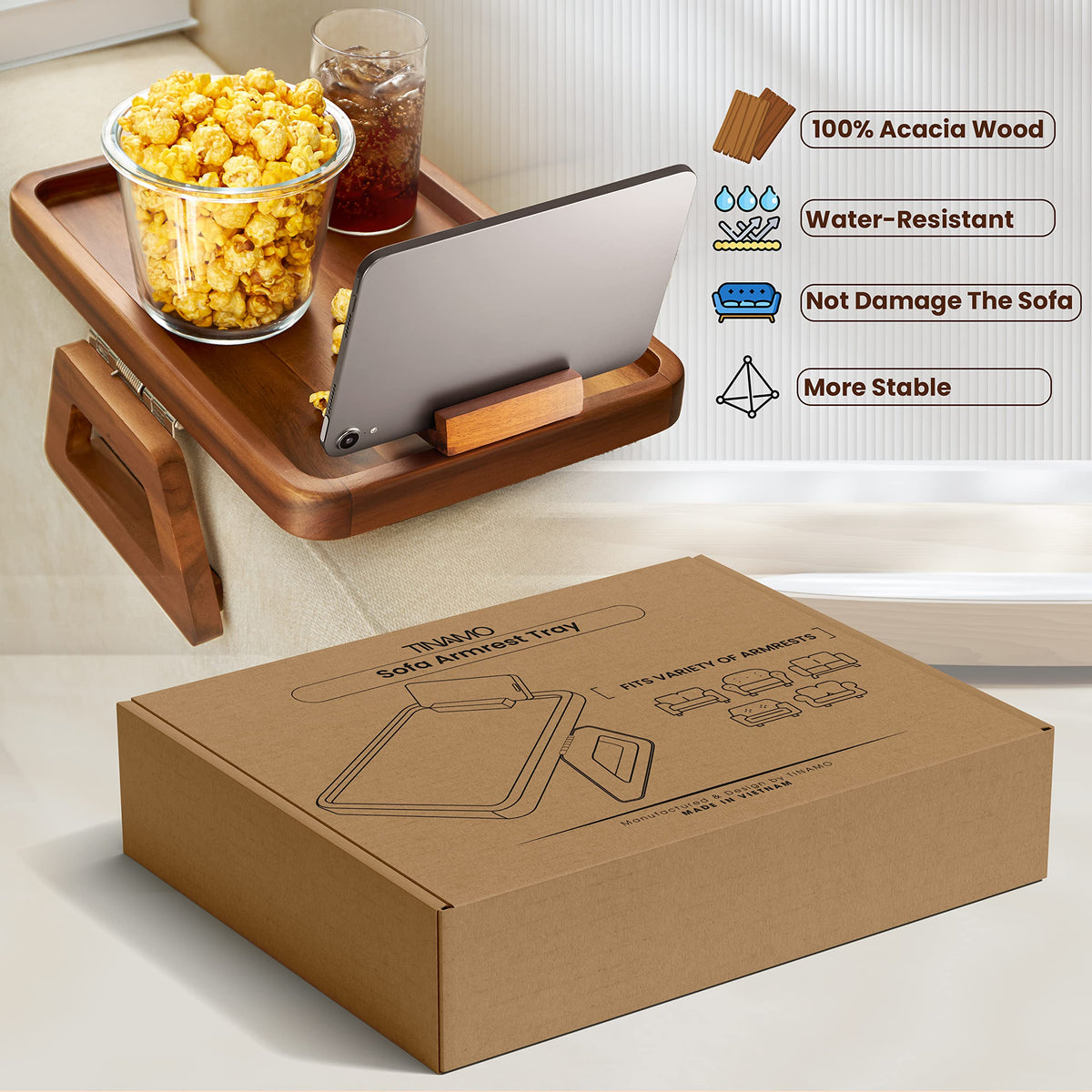 TINAMO Sofa Arm Tray with 360° Phone Holder, Clip-On Tray, Walnut Finish 13.8" x 9.5" x 1"