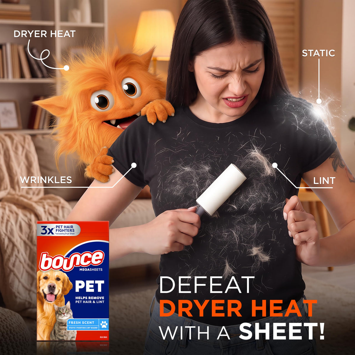 Bounce Pet Hair and Lint Guard Mega Dryer Sheets with 3X Fighters,...