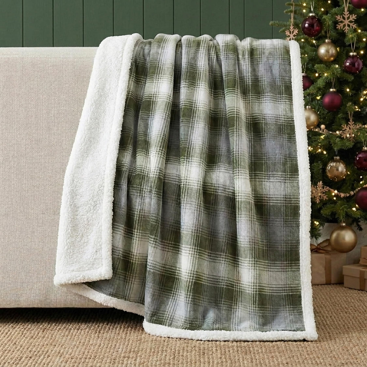 Nordic Plaid Green Sherpa Throw Blanket for Bed and Couch