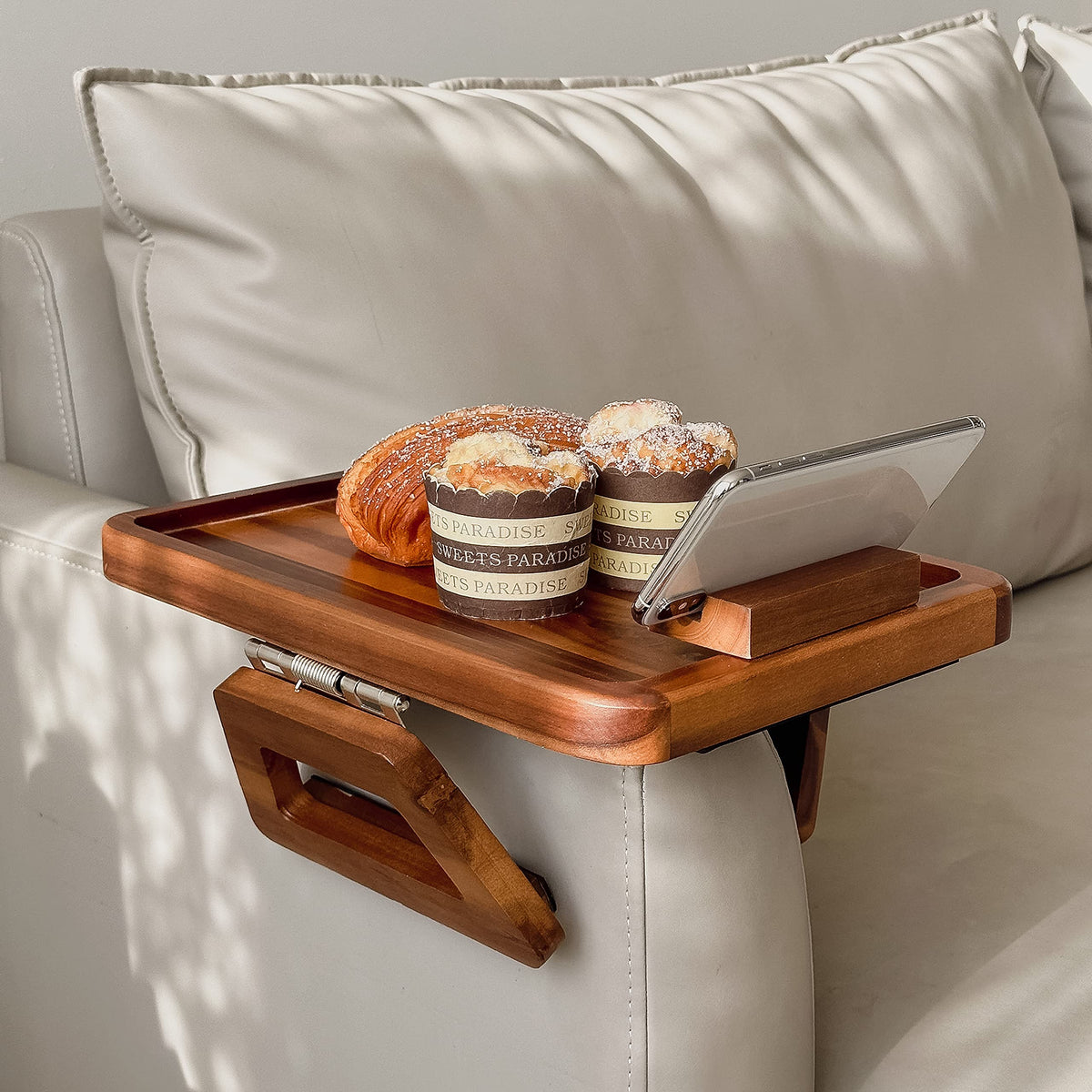 TINAMO Sofa Arm Tray with 360° Phone Holder, Clip-On Tray, Walnut Finish 13.8" x 9.5" x 1"