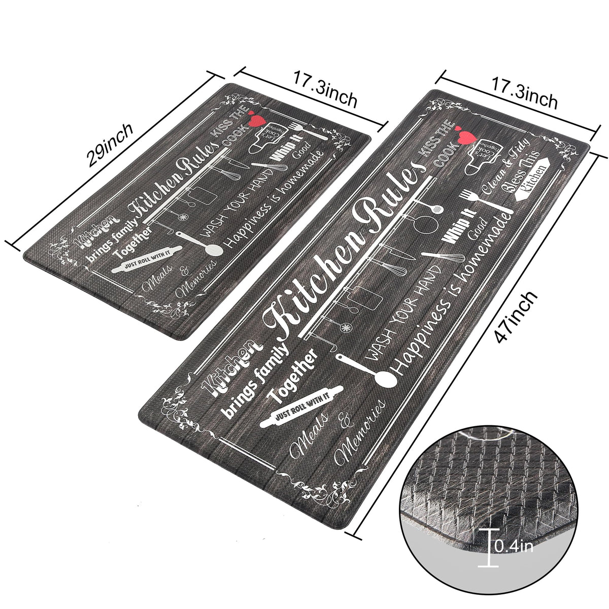 Floral Kitchen Mat Sets 2PCS Non Skid Waterproof Kitchen Rugs and Runner Sets Cushioned Anti-Fatigue Comfort Mat for Home,Office Memory Foam Kitchen Rug, 17.3"x30"+17.3"x47", Black/Pink 17"x30"+17"x47"--0.4 inches